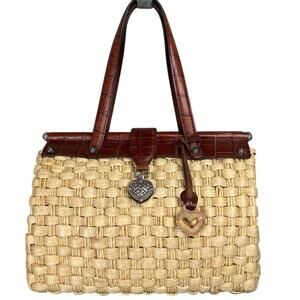 Brighton Woven Jute Leather Handbag Top Open Snap Close Paisley Interior Summer